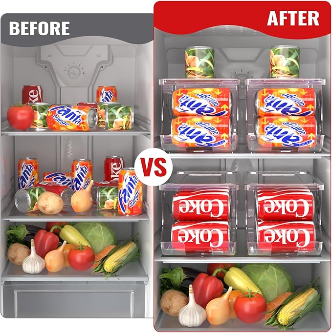 SCAVATA 2 Pack Stackable Refrigerator Organizer, Soda Can Dispenser Pop Cans Container Beverage Holder with Lid for Fridge, Freezer, Kitchen, Clear Plastic Storage Bins-Holds 10 Cans Each