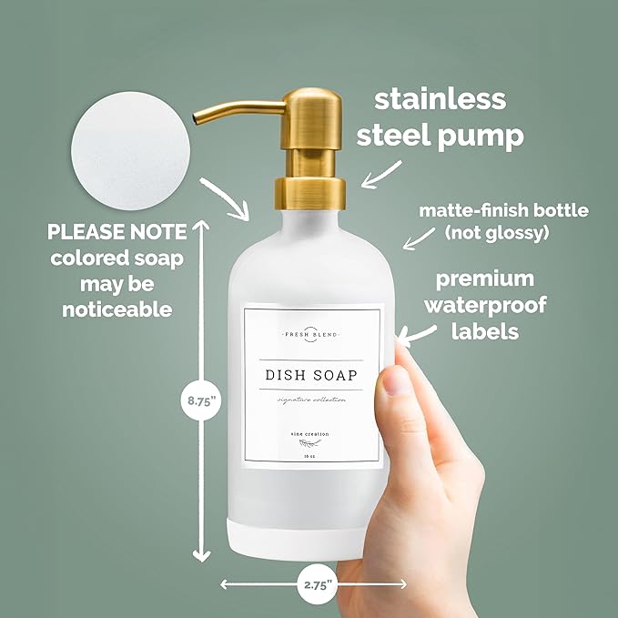 Vine Creations Glass Soap Dispenser, 2 Pack Kitchen Soap Dispenser Set with Stainless Steel Pump, 16 oz Dish Soap and Hand Soap Dispensers for Bathroom with Waterproof Labels (White)