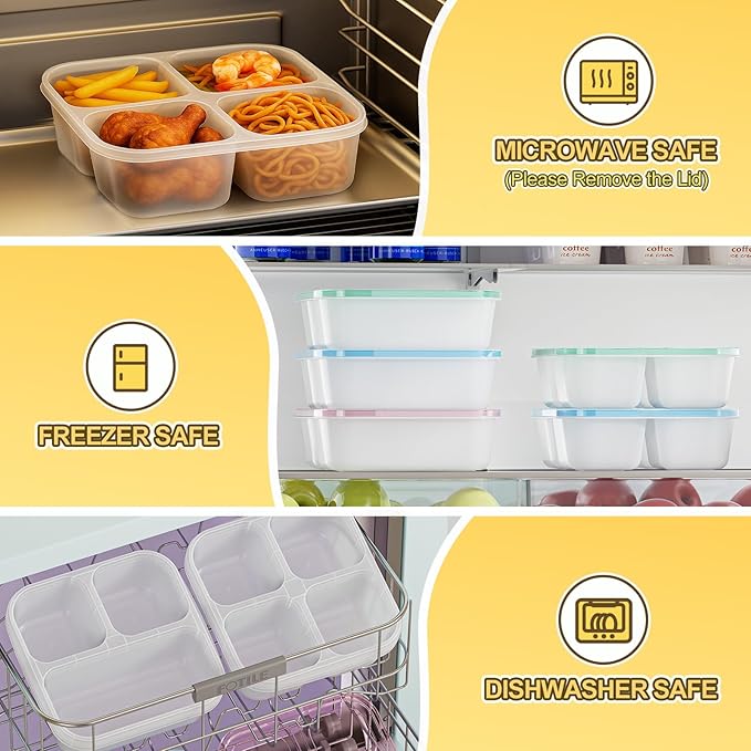 6 Pcs Snack Box Container Set, Reusable 3&4 Compartment Meal Prep Snack Containers for Adults Kids Toddler, BPA-Free Divided Lunchable Container for School, Work and Travel (All Transparent)