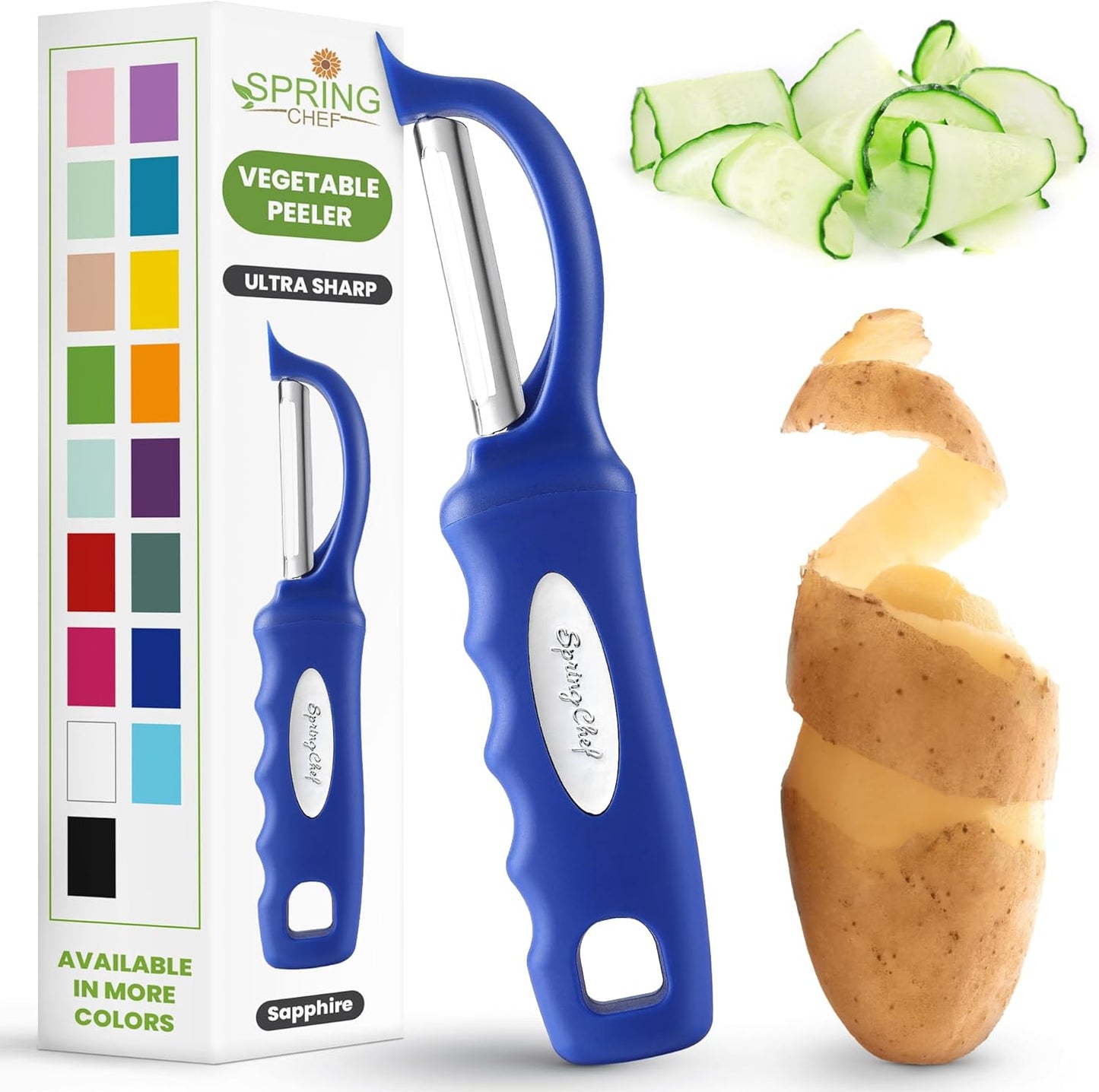 Spring Chef Premium Swivel Vegetable Peeler, Soft Grip Handle and Ultra Sharp Stainless Steel Blades - Perfect Kitchen Peeler For Veggie, Fruit, Potato, Carrot, Apple - Sapphire