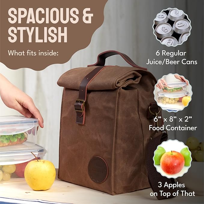 ASEBBO Insulated Lunch Bag 10L Sturdy Waxed Canvas Lunch Box for Men and Women, Leakproof Insulated Cooler Bag for Work Picnic Hiking, Lunchbox for Adults with Shoulder Strap (Brown)