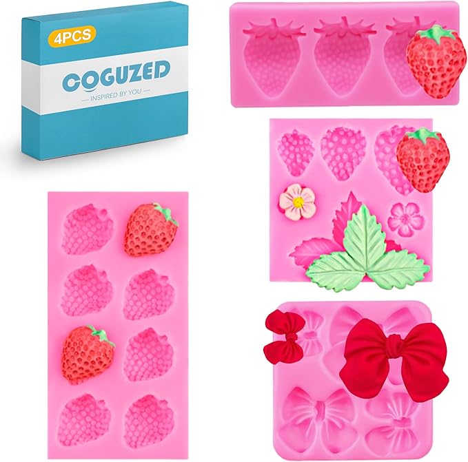 CoguZed 4 Pcs Strawberry and Bow Silicone Molds, Fruit and Leaf Fondant Mold for Chocolate, Candy Making, Cake Decorating and Clay Crafting