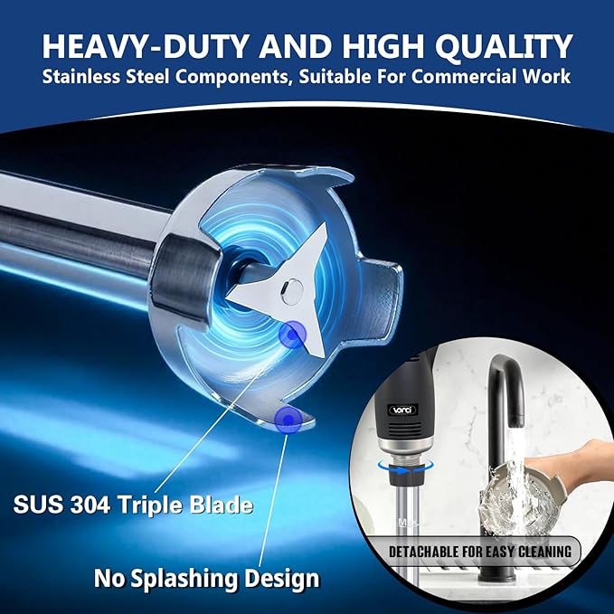 VONCI 500W Commercial Immersion Blender, 12" SUS 304 Removable Shaft, Heavy Duty Power Hand Mixer with Variable Speed 6000-20000RPM, Professional Electric Stick Blender for Restaurant Kitchen Use.