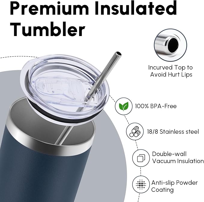 Volhoply 4 Pack Skinny Tumblers with Lid and Straw, 20oz Stainless Steel Straight Tumbler Bulk, Vacuum Insulated Coffee Mug for Home, Office, Travel, DIY (Navy,4 Pack)
