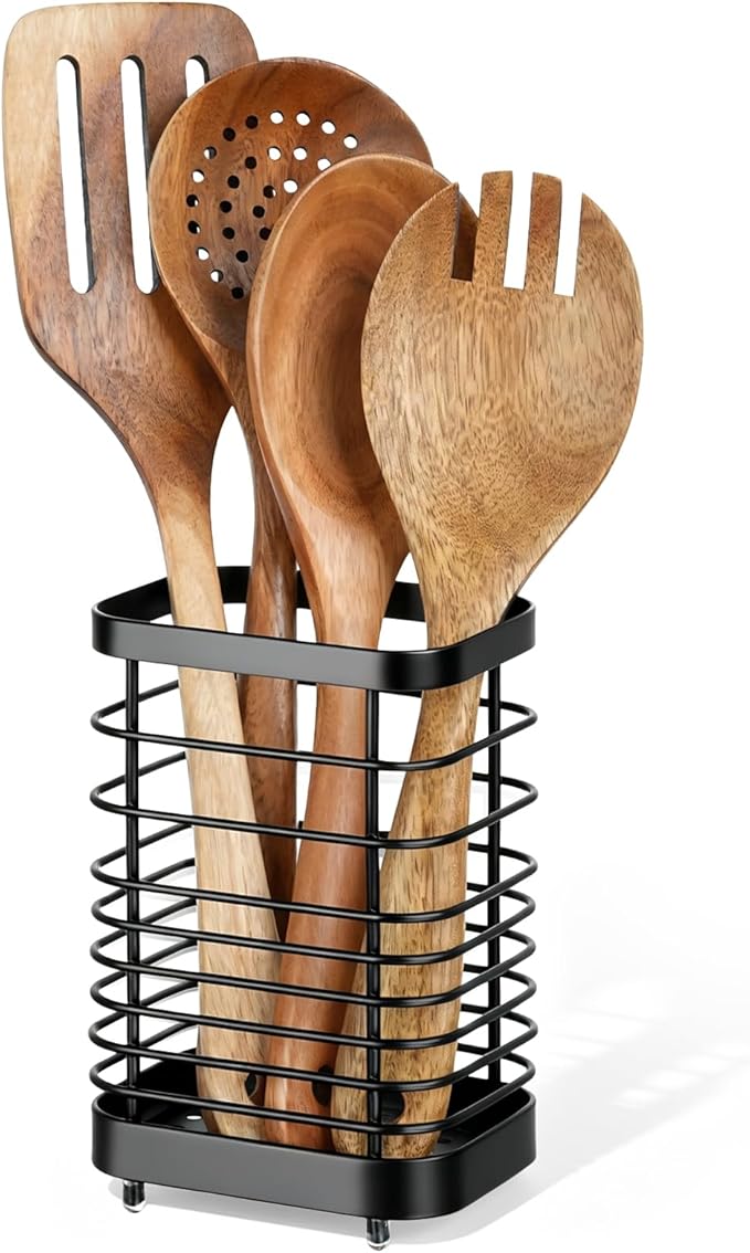 Utensil Holder, Stainless Steel Utensil Drying Rack for Kitchen Counter, Silverware Cutlery Flatware Holder Forks, Knives, Spoons, Chopsticks Organizer (Black)