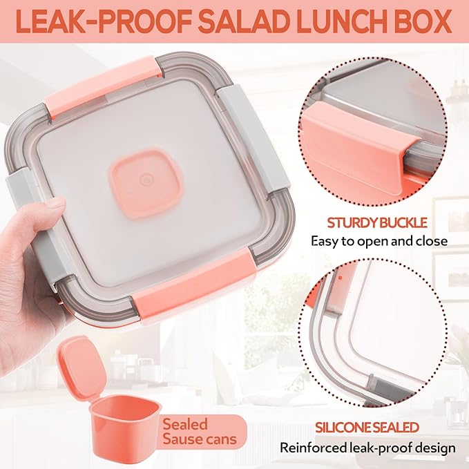 Tessco for you 6 Pcs Salad Lunch Container 50 oz Salad Container with 3 Compartment Reusable Bento Box for Adults Stackable Lunch Bowl for Meal Snack Fruit(Pink)