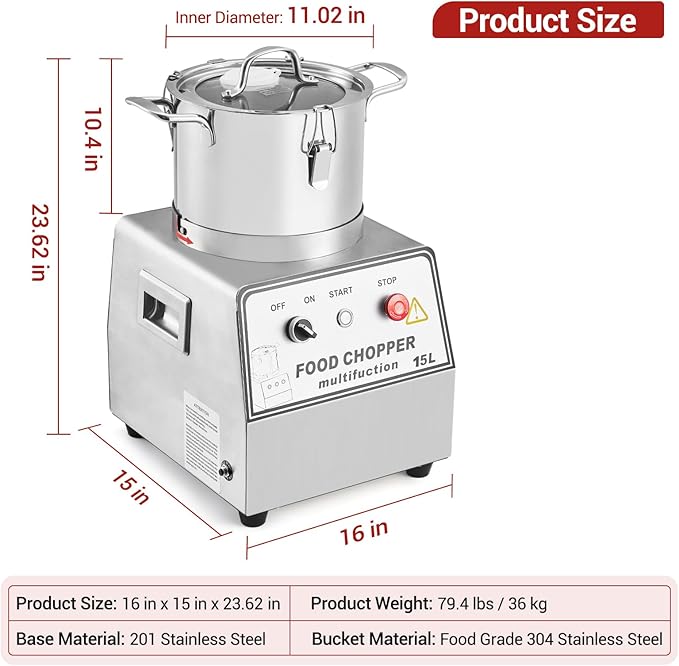 16 QT Commercial Electric Food Processor,1400W Stainless Steel Food&Vegetable Processors, Multi-Functional Chopper Meat Grinder Machine with Blade, Gloves, Brush, for Commercial Kitchens Restaurants
