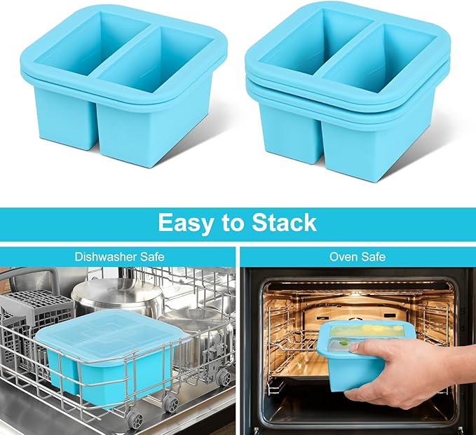 Silicone Freezer Tray with Lid 4 Pack Silicone Freezer Molds Ice Cube Tray Makes 8 Perfect 1 Cup Portions Soup Cubes Meal Prep Containers- Oven & Dishwasher Safe