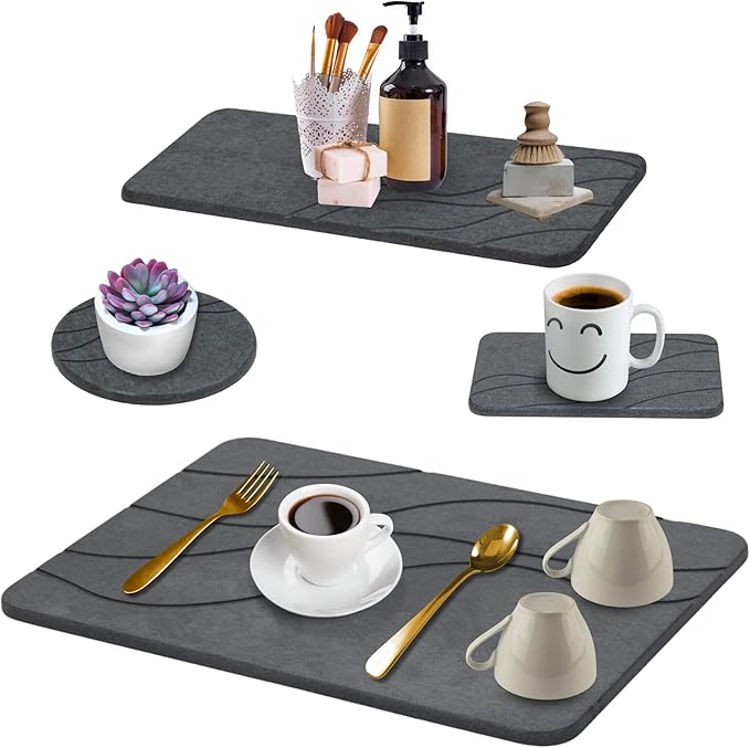 Stone Dish Drying Mat For Kitchen Counter With Diatomite Sink Tray Set - Quick Dry, Fast Water Abosrbing, Diatomaceous Earth - Multi-Purpose Stone Drying Mat For Dishes, Cups, Bottles - (15" x 15")
