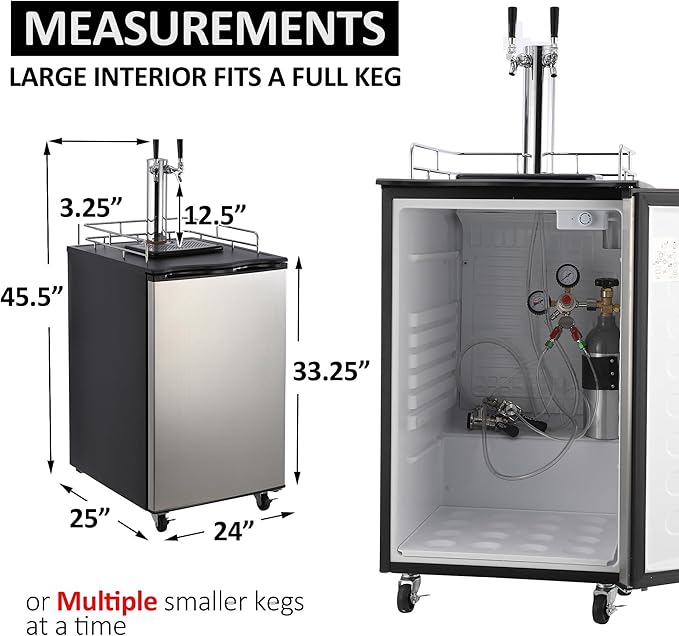Kegerator and Keg Beer Cooler, Dual Tap Draft Beer Dispenser, Full Size Keg Refrigerator With Shelves, Stainless Steel, Drip Tray & Rail，silver