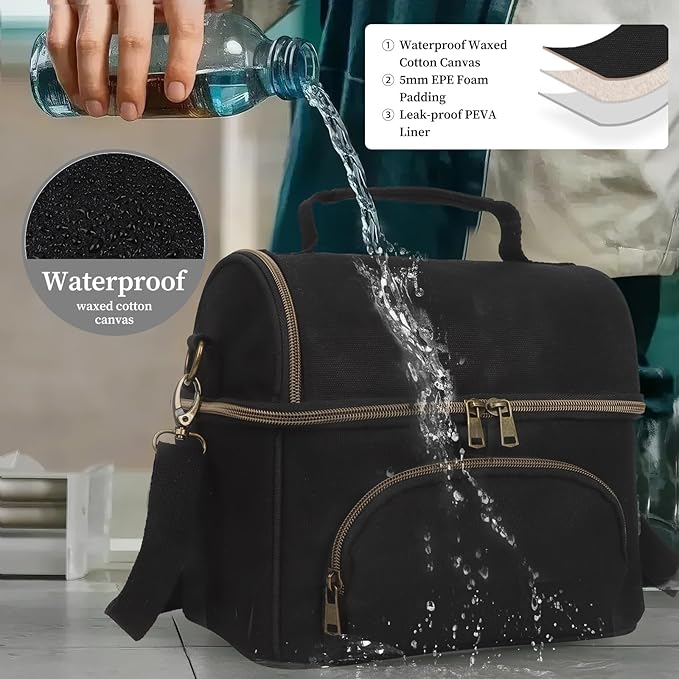 Lunch Box with Ice Packs, Waxed Canvas Lunch Bag for Men, 10.5L Leakproof Insulated Lunch Cooler for Men Work, Dual Compartment Soft Cooler for Work, Camping, Beach & Road Trips