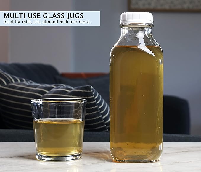 The Dairy Shoppe Glass Milk Bottle, Heavy Glass with Extra Lid, Creamery Style (2, Liter)