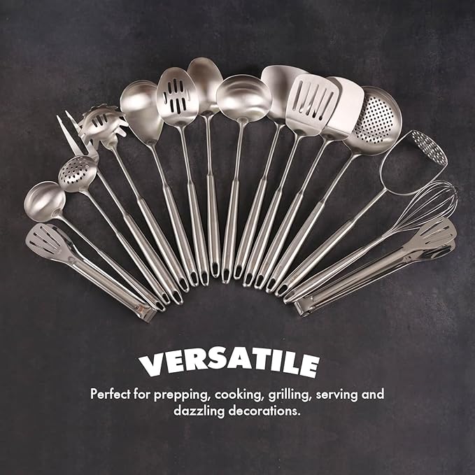 18/10 Stainless Steel Cooking Utensils Set - 16 PCS All Metal Serving Utensils, Kitchen Tools - Whisk, Masher, Fork, Tongs, Solid/Slotted Spoon, Spatula, Turner, Ladle, Skimmer, Pasta, Large Spoon Set