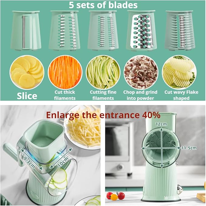5 in 1 Rotary Cheese Grater Hand Crank, Replaceable Stainless Blades Cheese Shredder, Strong Suction Base Vegetable chopper Slicer with Cleaning Brush Peeler & Bonus Storage Box for Blades