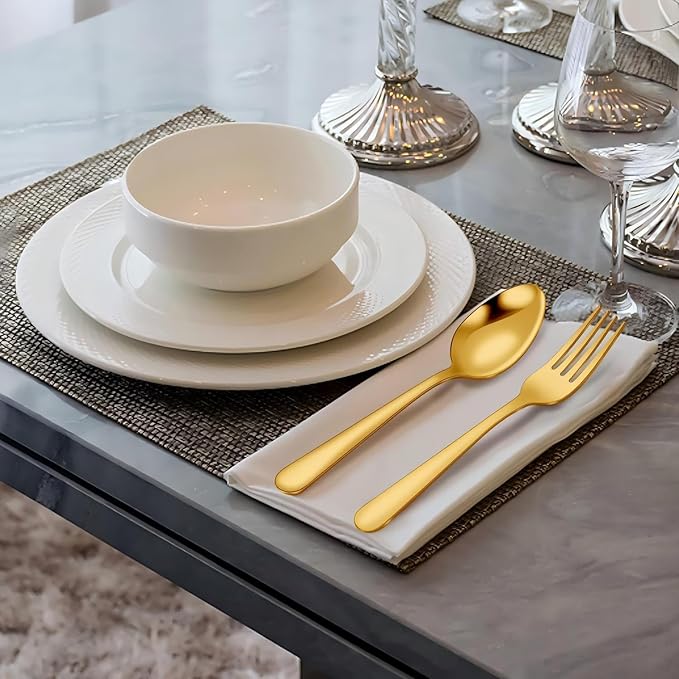 Unokit 24-Piece Spoons and Forks Set Silverware Set - Forks and Spoons Stainless Steel Silverware for Home, Kitchen and Restaurant, 12-Fork and 12-Spoon, Mirror Polished & Dishwasher Safe, Gold