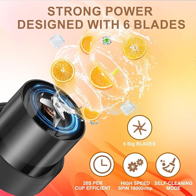 Portable Blender Personal Juicer for Shakes and Smoothies, 64 Oz On-The-Go Small Blender, Single Serve Blenders, Smoothie Maker with Type-C Rechargeable, Cordless (Black)