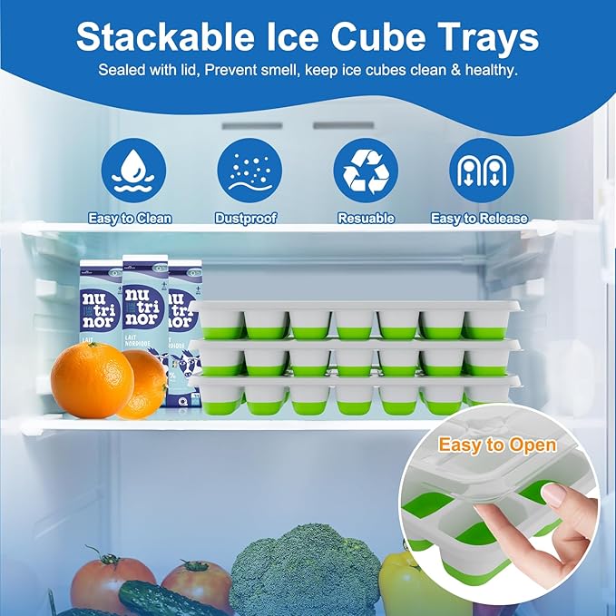 Ice Cube Trays with Lid and Bin, Silicone Plastic Ice Cubes Trays 9 Pack, Stackable Molds for Freezer, Storage Iced Bucket Kits BPA-Free and Odor-Free
