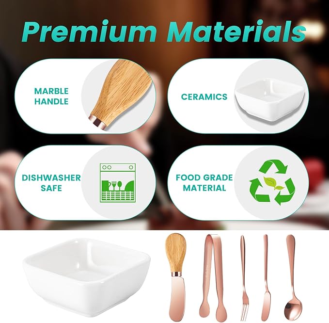 Charcuterie Board Accessories with 3 Oz Ceramic Dip Bowls, Wooden Handle Rose Gold Cheese Spreader Butter Knive Set Kit, Mini Tongs, Spoons, Forks,Honey Dipper, Cocktail Picks