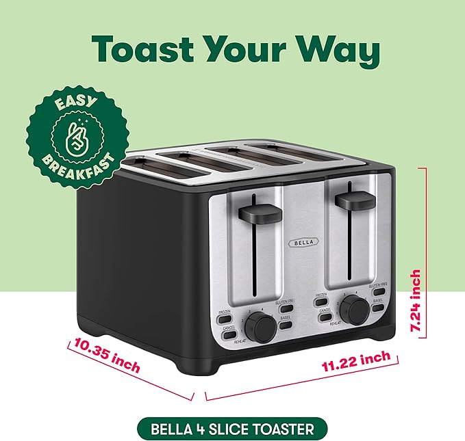 bella 4 Slice Toaster with Auto Shut Off,Extra Wide Slots & Removable Crumb Tray and Cancel,Defrost & Reheat Function,Toast Bread-& Bagel,Black,(Pack of 2)