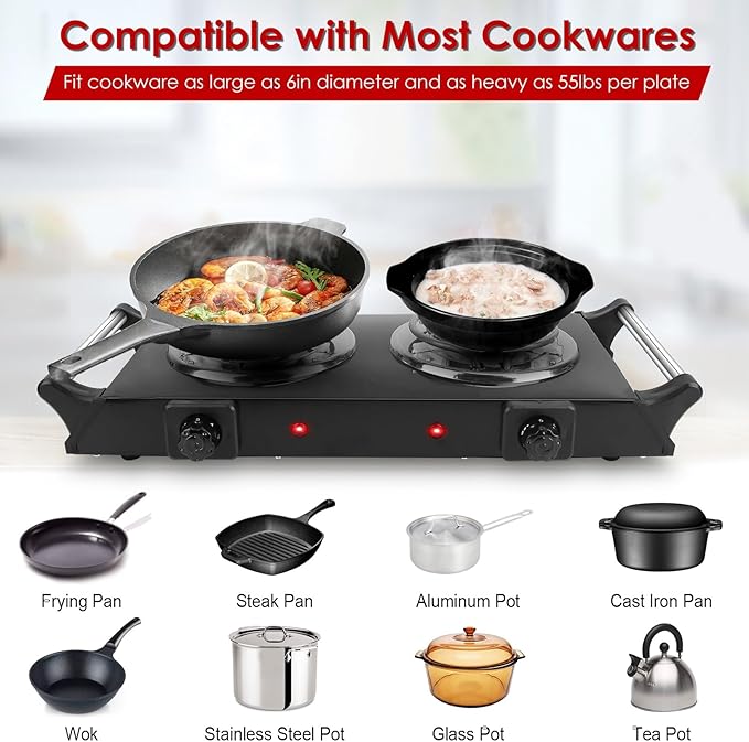 Electric Countertop Double Burner, 2000W Cooktop with Coil Hot Plate & Stay Cool Handles, 5 Level Temperature Control, Easy to Clean, Indicator Lights, Cooking Stove for Office/Home/Camping Use