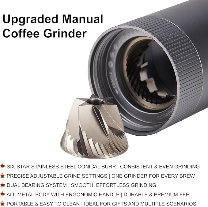 Novaɑ Manual Coffee Grinder,CNC Stainless Steel Hexagonal-star Conical Burr Coffee Grinder,Internal Adjustable Setting,Positioning,Lightweight Grinder Setting For Camping/Travel/Home