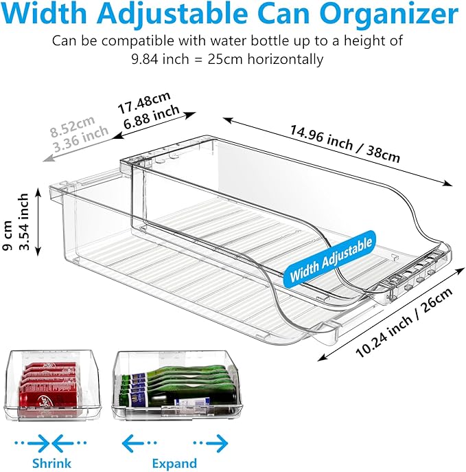 2 Packs Refrigerator Organizers and Storage Width Adjustable Can Organizer for Refrigerator Expandable Soda Can Dispenser for Beer Soda Pop Can Soda Organizer for Fridge Kitchen Pantry Clear