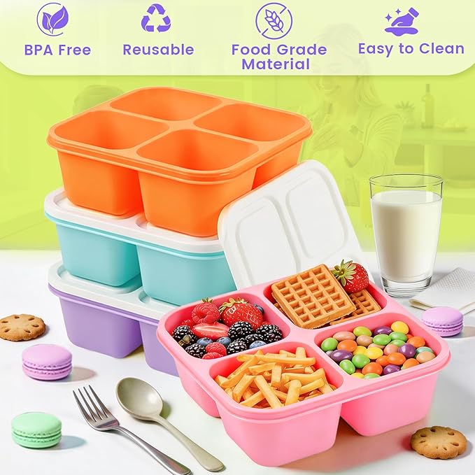 4 Pack Snack Containers Bento Box Adult Lunch Box,Meal Prep Container, Reusable Food Storage lunch Containers Stackable for Work, Travel and Gym (Pink, Orange, Green, Purple)