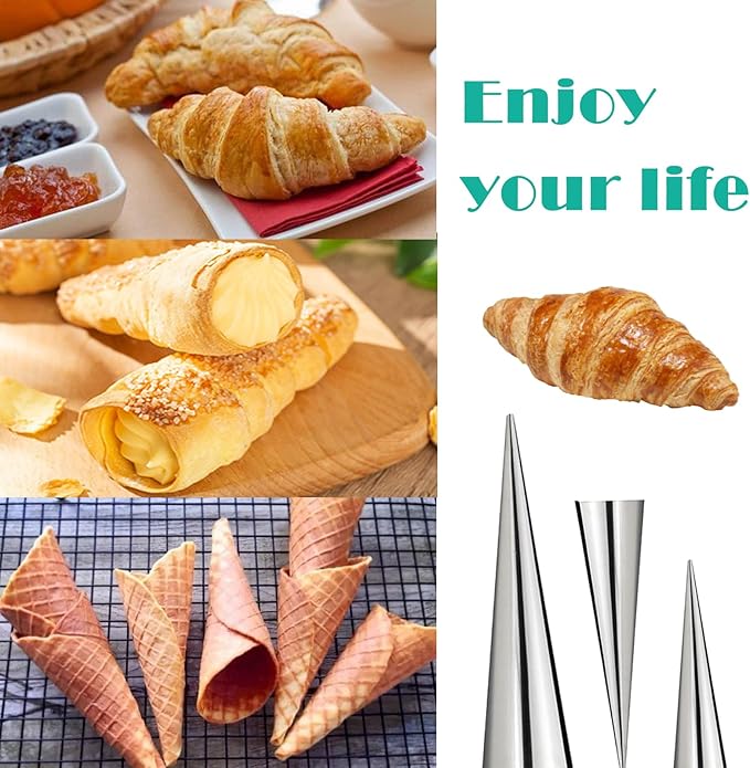 6 Pcs Horn Cannoli Tubes,Non-Stick Cream Horn Cones Tubes Stainless Steel Conical Croissant Pastry Baking Moulds,Cannoli Form Roll Mold Corner Shaper for Anniversary and Daily Use(3 Size)