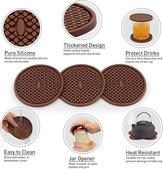 3 Pack Silicone Coasters for Drinks, Thickened Coaster with Deep Tray Grooved Design Cup Mat, Washable Heat Resistant Durable Non-Slip Coasters for Coffee Table Wooden Desk Kitchen Bar (Brown)