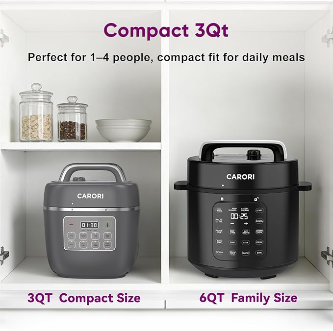 Carori 8-in-1 Electric Pressure Cooker, Compact 3 QT All-in-1 Multi-Cooker with Ceramic Pot, Saute, Slow Cook, Rice, Stew, Delay Start, Keep Warm & Safe Vent, Gray