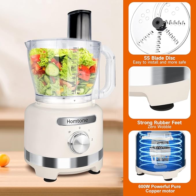 Homtone 16-Cup Food Processor, Heavy-Duty 9-Function Appliance with 7 Blades & 3 Speeds for Dough Kneading, Meat Chopping, Slicing, Shredding & Making French Fries, 600W (White)