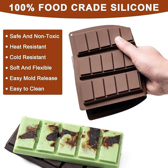 Husfunov Chocolate Bar Mold,Non-Stick Chocolate Molds, 100% Food Grade Silicone Deep Mold for Dubai Pistachio Rod, Candy, Snacks,Knafeh Pistachio Rod and More(5 Snap)