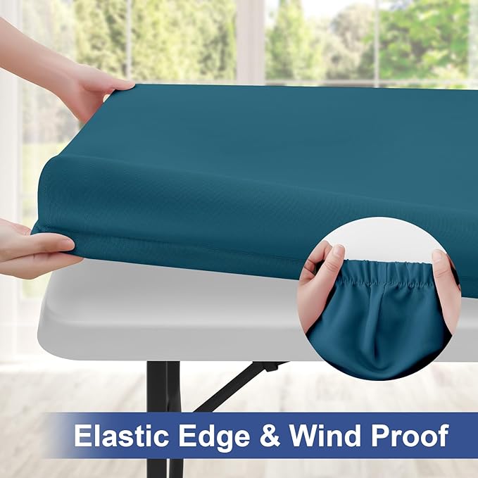 homing Rectangle Table Cloth Cover, Waterproof Polyester Elastic Fitted Tablecloth, Fits for 8 Foot Folding Tables, Washable Table Protector for Picnic, Camping, Outdoor (Peacock Blue, 30" x 96")