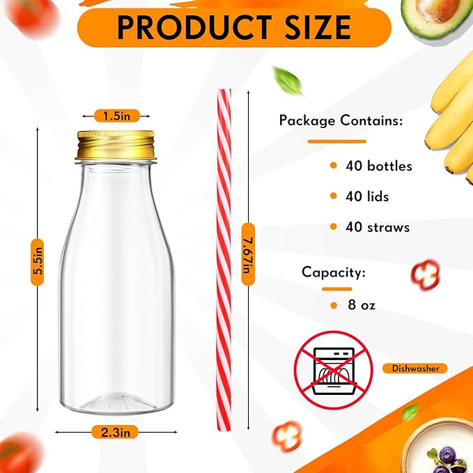 Irenare 40 Sets Plastic Small Milk Bottles with Straws and Metal Lids Clear Plastic Bottle for Dairy Milk Party Bottle for Milk Juices Shakes Smoothies, 40 Bottles and 40 Straws (Gold,8 oz)
