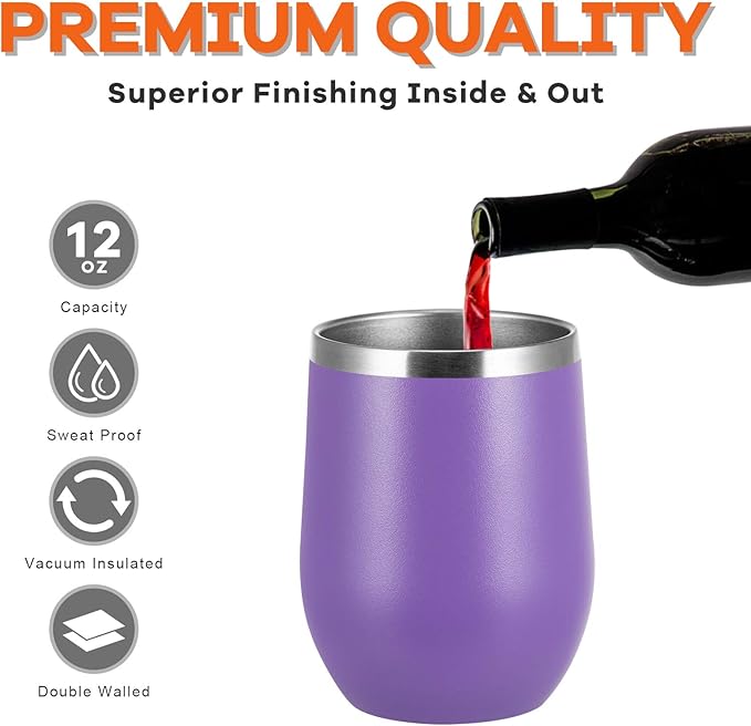 COMOOO Stainless Steel Wine Tumbler Glass Bulk with Lid and Straw 12oz Double Wall Vacuum Insulated Travel Tumbler Cup Stemless for Coffee Wine Cocktails Ice Cream Cup, Light Purple, 12 pack