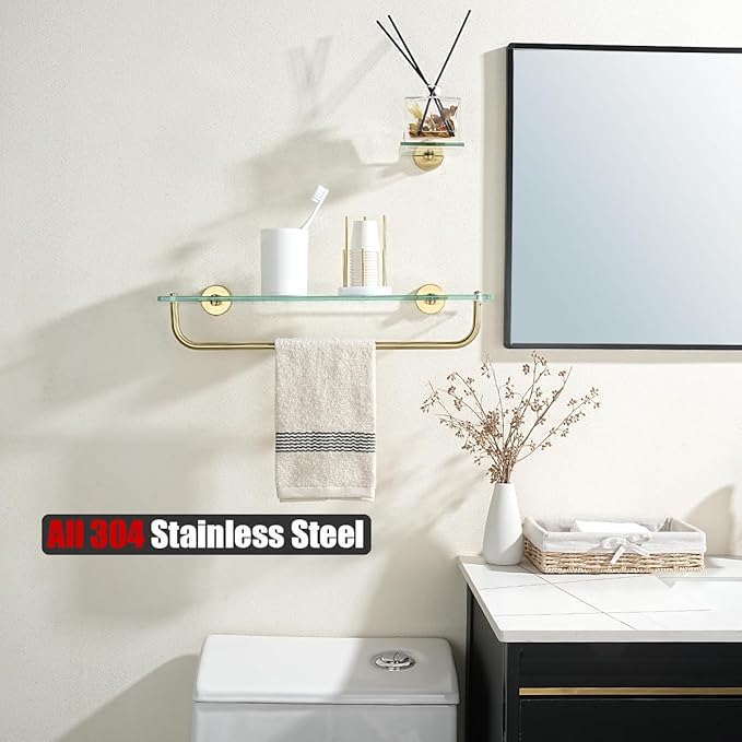 JQK Bathroom Glass Shelf, Shelf with 19 Inch Towel Bar Tempered Glass Shower Storage 20 by 5 inches, 304 Stainless Steel Brushed Gold Wall Mount, TGS100L20-BG
