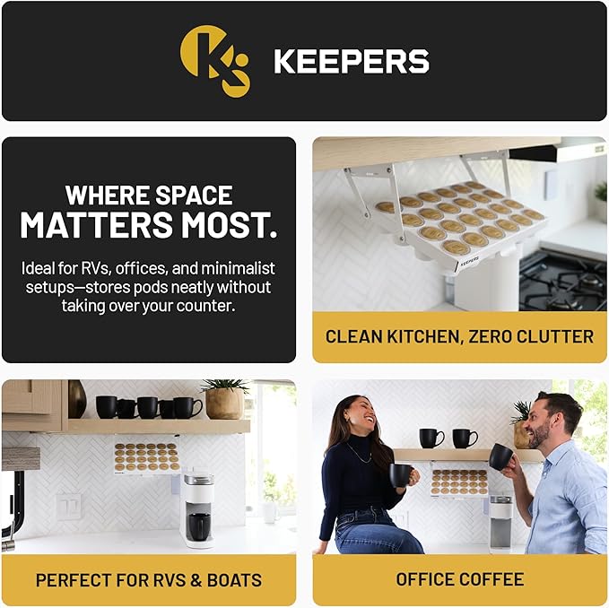 COFFEEKEEPERS KEEPERS Under Cabinet K Cup Holder with Swing-Down Access – Space-Saving Coffee Pod Holder and K Cup Organizer for 24 Pods – Steel Coffee Pod Organizer with Easy DIY Installation