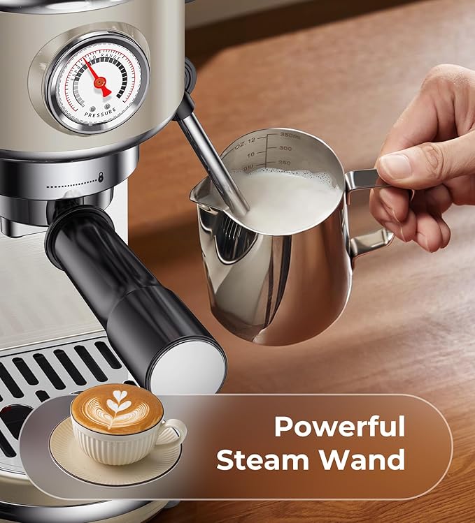 atatix 20 Bar Espresso Machine with Milk Frother, Compact Espresso Maker, Stainless Steel Coffee Machine with Precise Temp Control & 44oz Removable Water Tank for Latte, Cappuccino, Light Grey