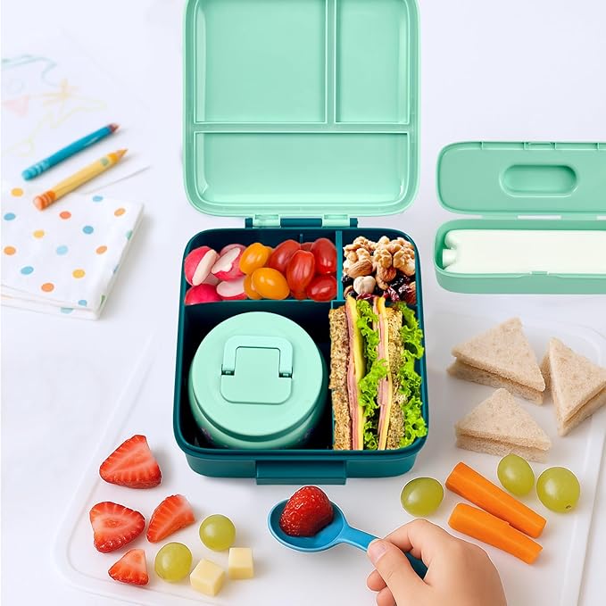 Bento Lunch Box for Kids with 8oz Soup Thermo,Leak-Proof Lunch Containers with 5 Compartment,Thermo Food Jar Food Containers for School (Blue-Unicorn)