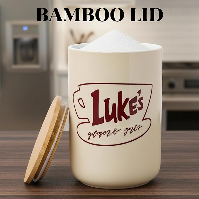 Silver Buffalo Gilmore Girls Wax Resist Ceramic Cookie Jar with Bamboo Lid Featuring Luke’s Cafe Logo, 5” x 5” x 6.5”