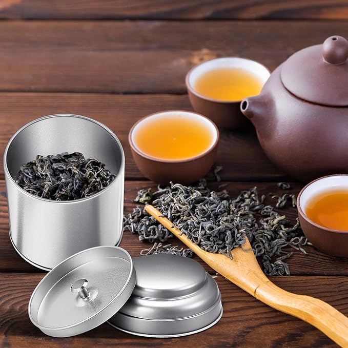 Meanplan 12 Pcs Tea Tin Canister with Airtight Double Lids Round Tin Can Box Small Kitchen Tea Canister Loose Leaf Storage Containers for Loose Bags Coffee Sugar Candy Spices(Silver,8 oz)