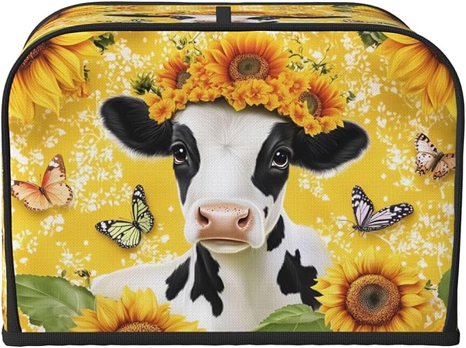 Cow with Sunflower Covers for Toasters 4 Slice,Cute Funny Bread Machine Cover with Handle,Washable Stain Resistant Kitchen Small Appliance Cover Dining Decor