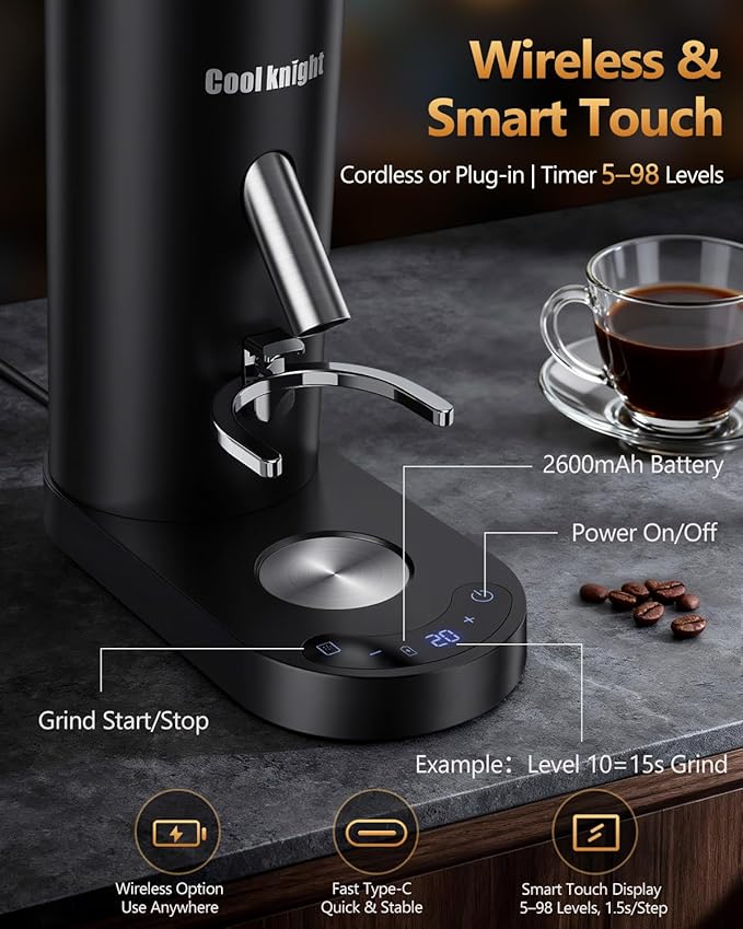 COOL KNIGHT Rechargeable Conical Burr Coffee Grinder, 60 Grind Settings & 5–98 Level Timer, Espresso Grinder with Bellows Hopper and Portafilter Holder, Easy to Clean
