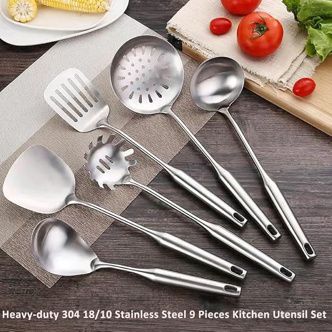 304 18/10 Stainless Steel Kitchen Utensils Set 9 Pcs Long Cooking Utensil, Spatula, Soup spoon, Leaking shovel, Ladle, Tunner, Pasta Server, Meat Fork Kitchen Tools Set (9 Pieces Set)