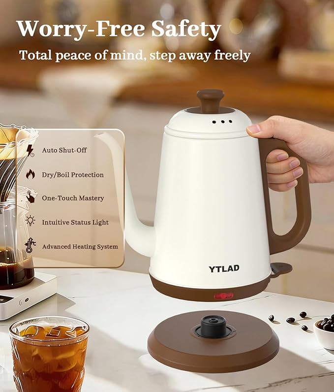Gooseneck Electric Kettle 1L, 1000W Fast Boiling for Pour-Over Coffee & Tea, 304 Stainless Steel BPA-Free, Precise Flow Spout, Auto Shut-Off & Boil-Dry Protection, Retro Style (White)
