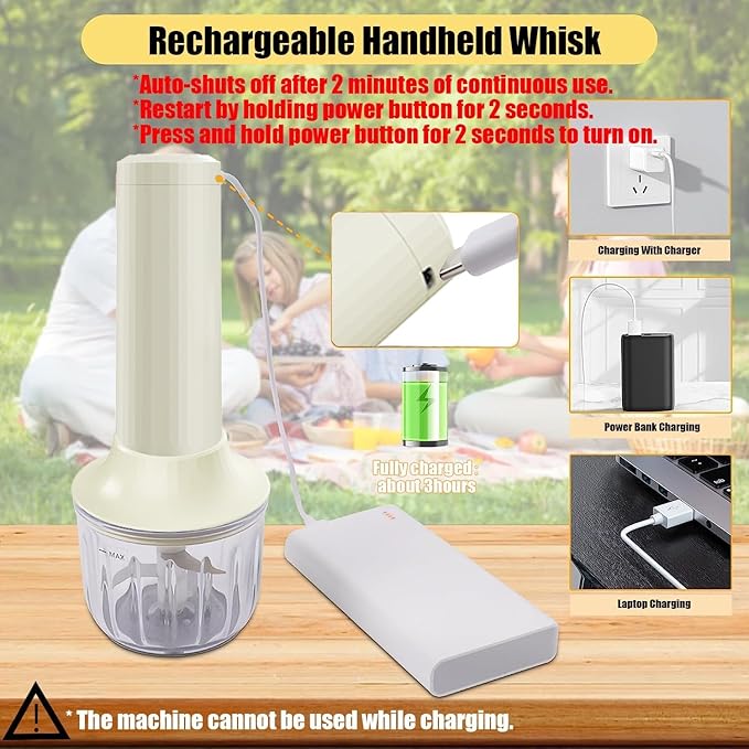 Cordless Hand Mixer, Electric Whisk, Hand Held Mini Mixers,Rechargeable Hand Mixer and Whisker,Food Chopper,Food Processor for Cooking, 4-Speed,10Oz