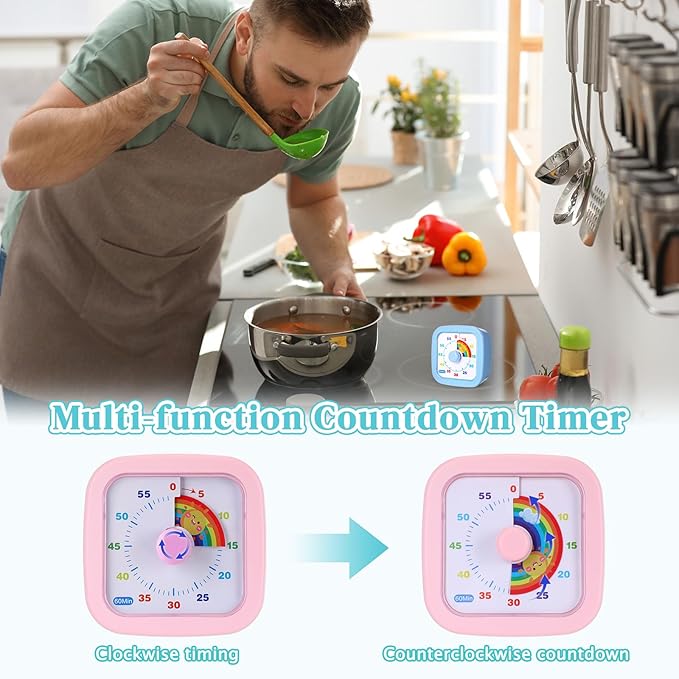 AmazingSpark 4 Pack Visual Timer 60 Minute Countdown Timer Colored Countdown Clock for Homeschool Supplies Study Tool, Classroom Home Office Time Management Tool(Rainbow,Purple, Blue, Pink, Green)