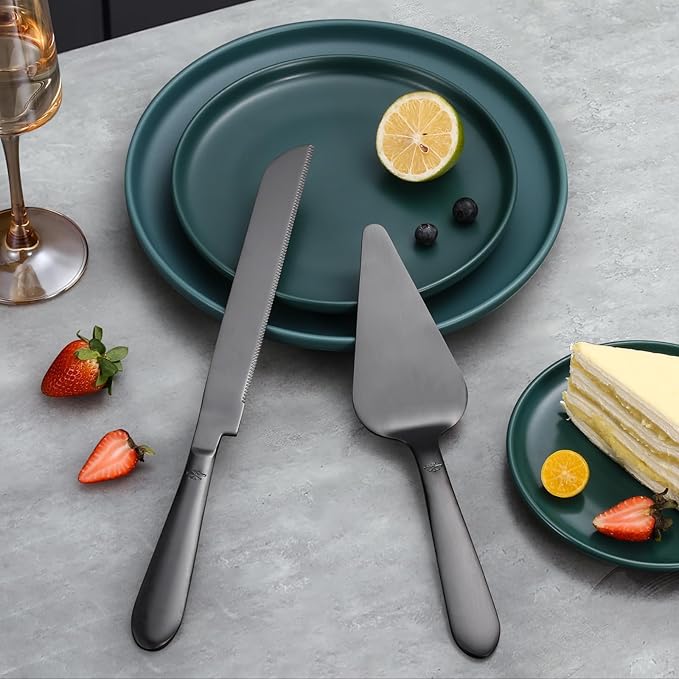 Eisinly Wedding Cake Knife and Server Set, Integral Stainless Steel Longer Cake Cutter and Wider Pie Spatula, Elegant Cake Cutting Serving Set for Party Birthday Bridal Shower Set of 2, Matte Black