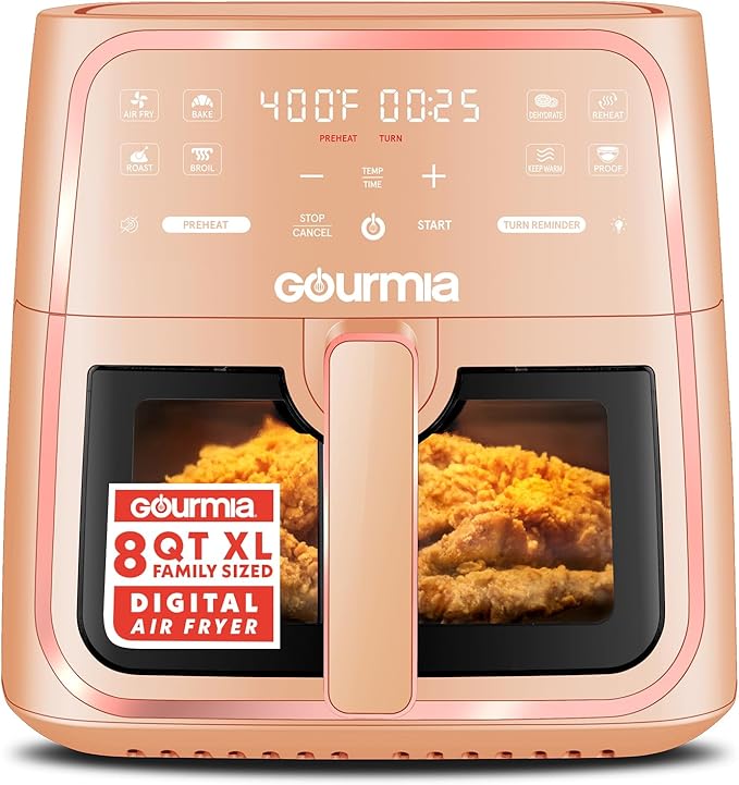Gourmia 8 Qt Air Fryer, 8 Presets with Digital Display, FryForce 360° Technology, Easy View Window & Interior Light, Dishwasher Safe Basket, Peach