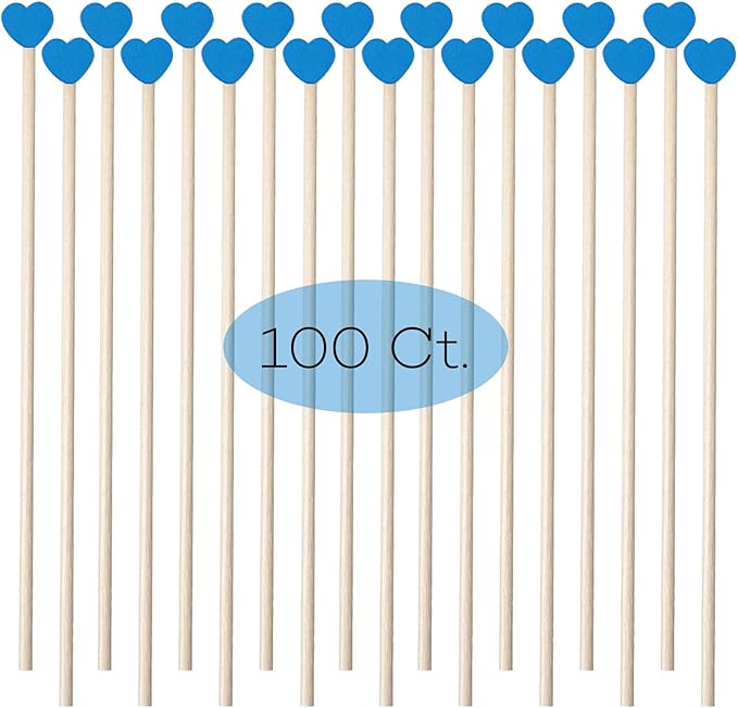 100 Pcs 6 Inch Blue Heart Shaped Wooden Swizzle Sticks, Cake Pop Sticks, Cocktail & Coffee Drink Stirrers, Rock Candy Sticks, Lollipop Sticks for Baby Shower, Gender Reveal, Birthday & Wedding Party
